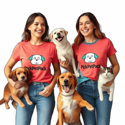 Two women holding a cat and dog, dog lifted like shaking hands