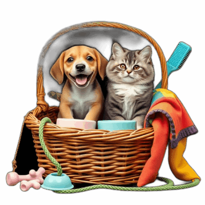 Dog and cat sitting in bamboo basket with pet accessories